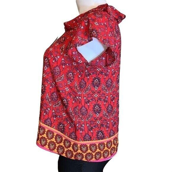 W5 Womens Blouse Top Ruffled V Neck Collar Relaxed Fit Short Sleeve Red Large - Picture 5 of 8